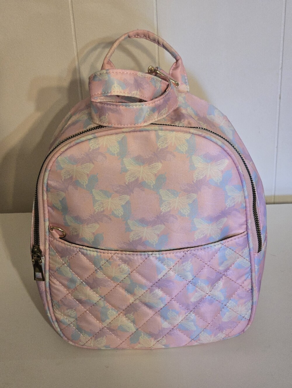 Pastel Pink Quilted Butterfly Mini Backpack for Women